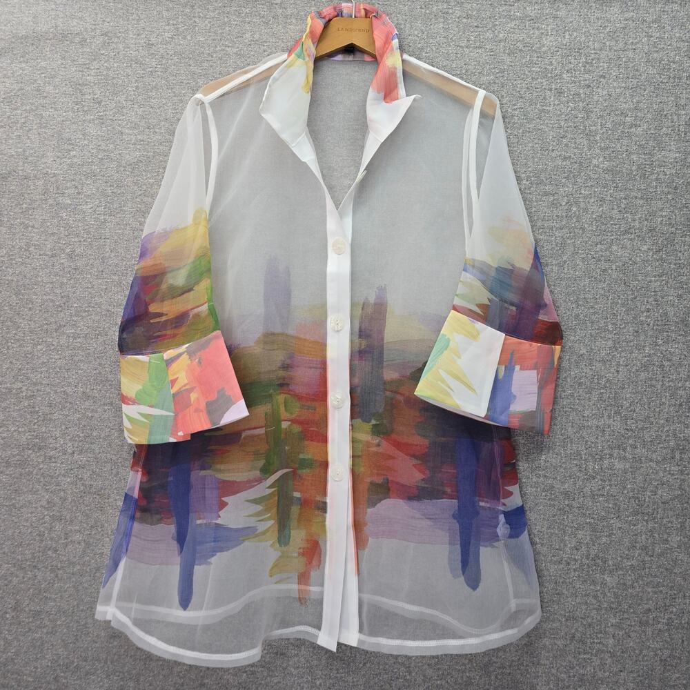 DAMEE SHEER ORGANZA BUTTON DOWN SHIRT, SIZE L